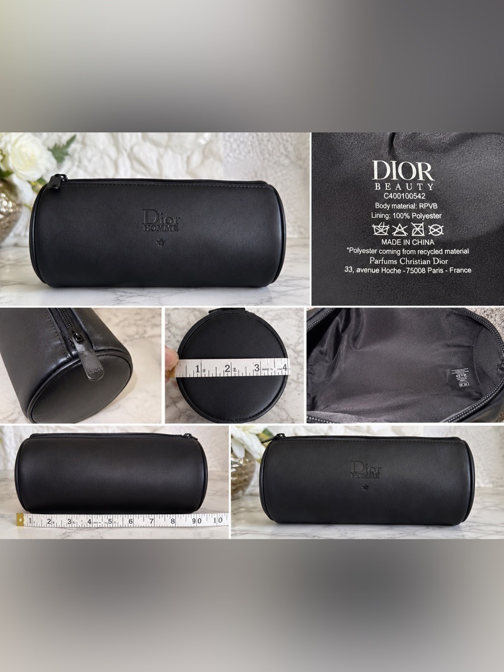 Dior Beauty Black Faux Leather Cylinder Cosmetic Bag Travel Case Zip Pouch